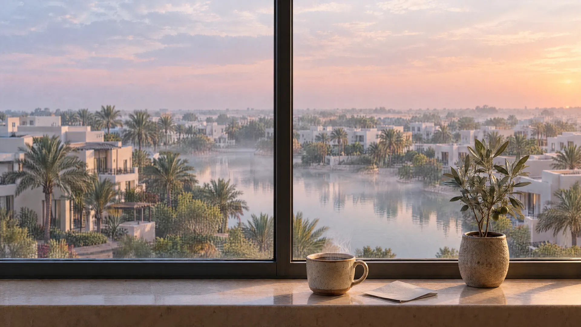 Morgens: Blick aus dem Fenster auf Villen, Palmen und eine Lagune in Dubai, auf der Fensterbank ein dampfender Kaffee